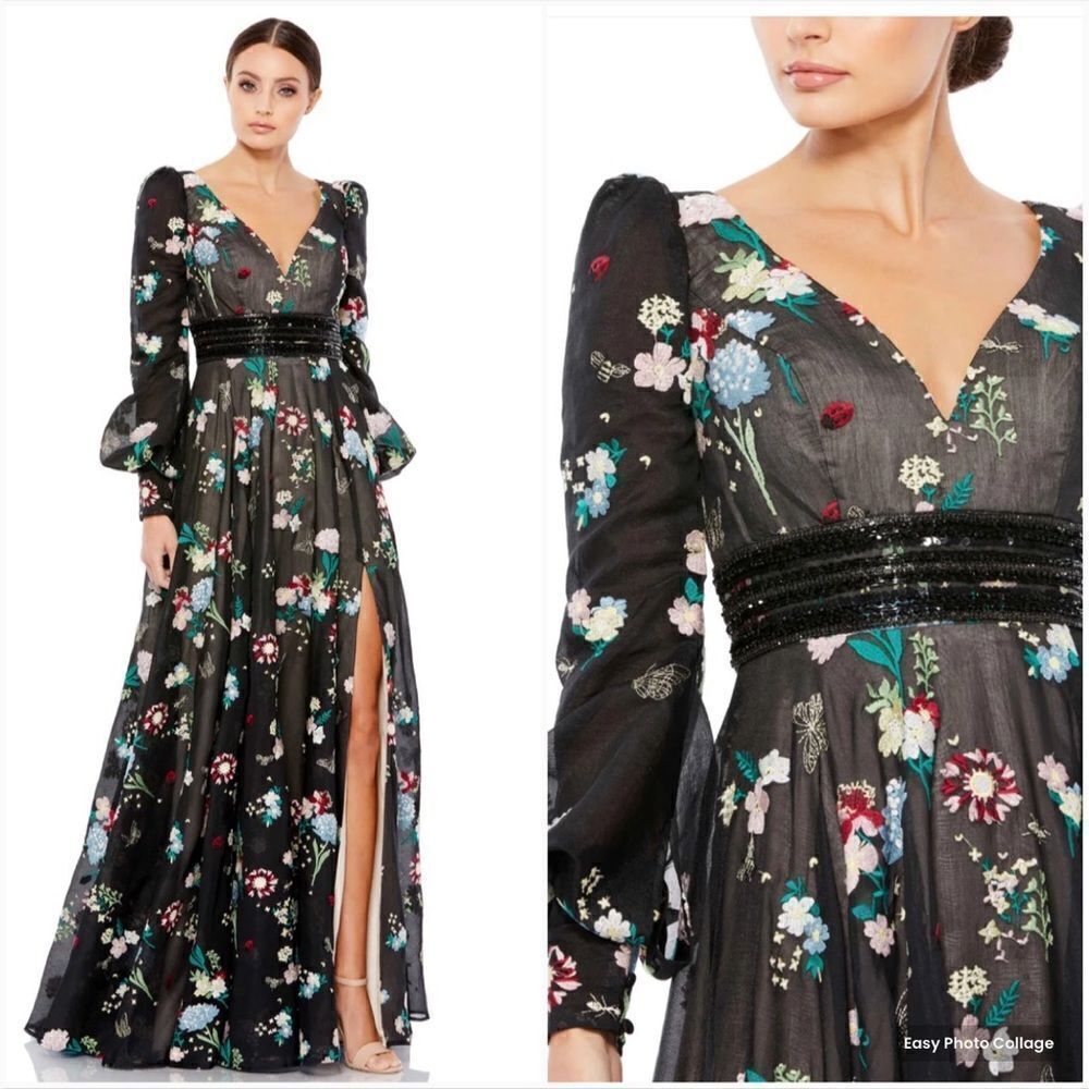 NWOT Mac Duggal 79361 EMBROIDERED BISHOP SLEEVE V NECK FLOWY GOWN Black Size 4